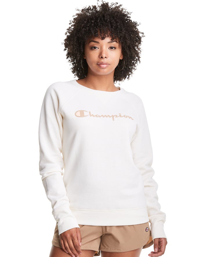 Champion Womens Sweatshirt NZ - Powerblend Fleece Classic Crew Script Logo White ( 0841-JEWDP )